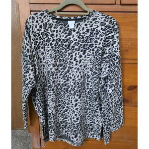 Chico's Leopard Print Long Sleeve Tee Size 1 (Medium)  Knit Black Tan Boxy